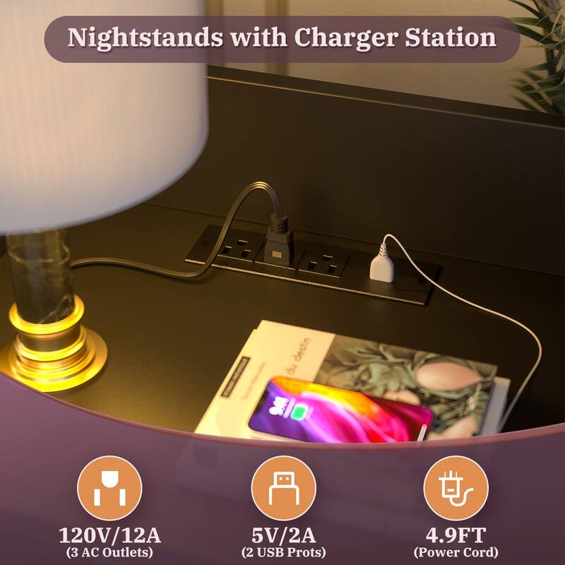 47" Nightstand with Charging Station and LED Lights,Industrial Bedside End Side Table with Adjustable Bookshelf Storage Cabinet