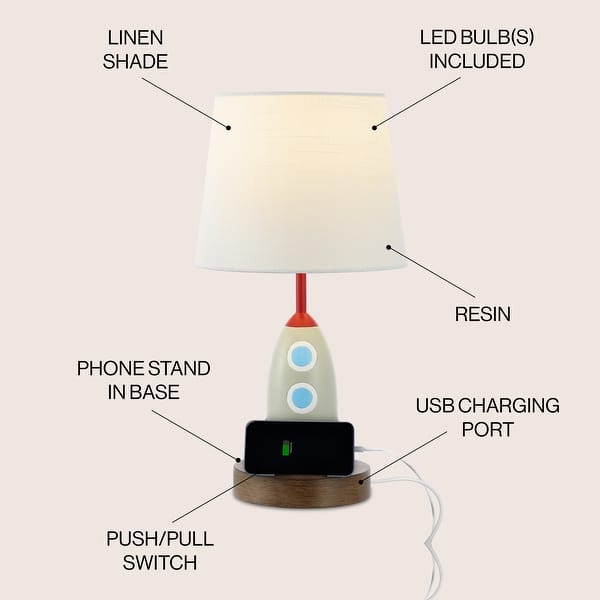 dimension image slide 1 of 2, Sahara 17.5" Coastal Iron/Resin Rocket LED Kids' Table Lamp with Phone Stand and USB Charging Port, Multi-Color by JONATHAN Y