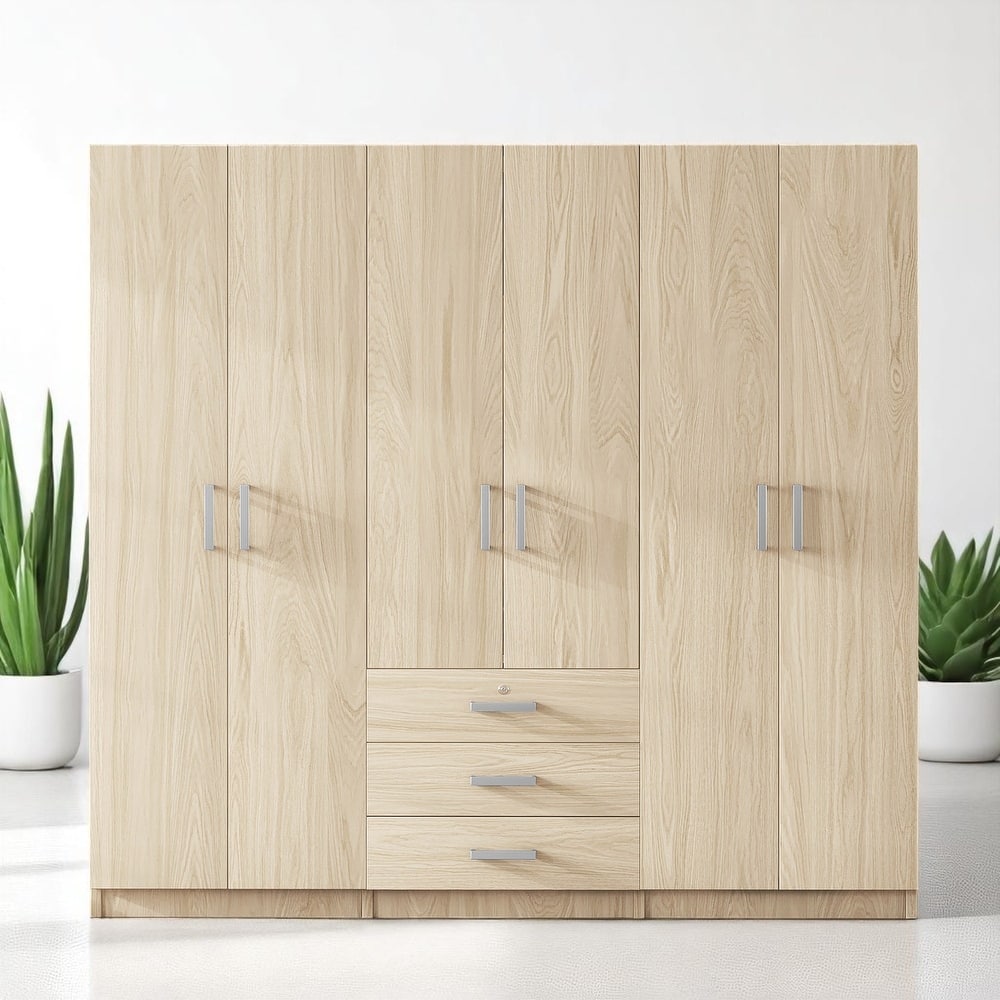 Modern 6-Door Wooden Wardrobe Armoire with Shelves, Drawers, and Locking Storage for Bedroom Use