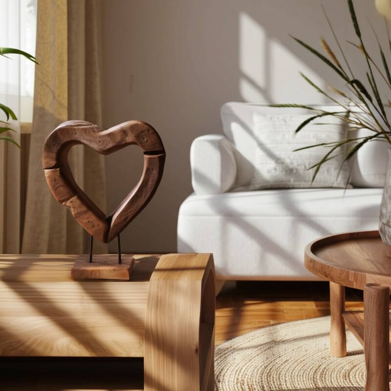 Teak Wood Heart Sculpture Natural Texture Rectangular Base - 15" Brown - 11.25" x 4" x 14.5"