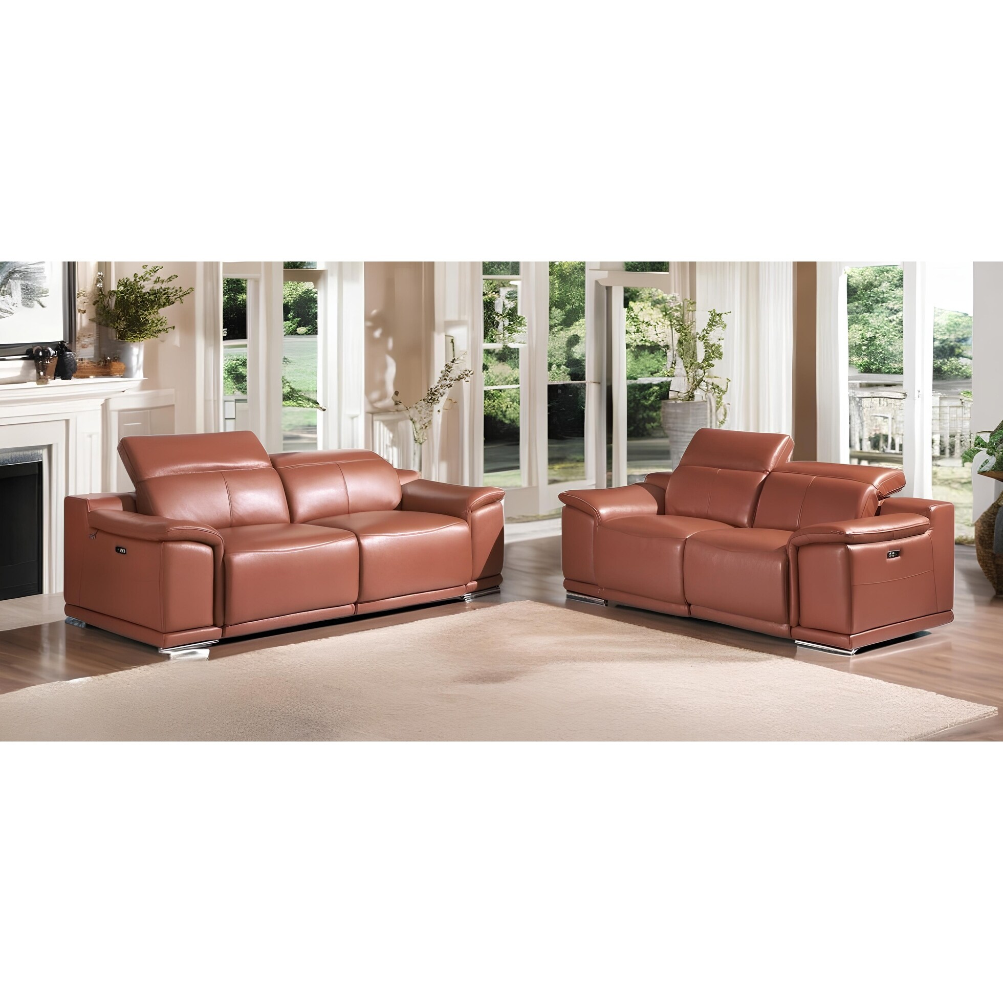 Two Piece Indoor Camel Italian Leather Five Person Seating Set