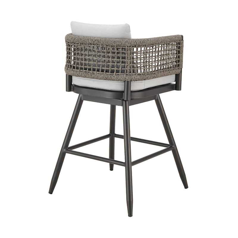 HomeRoots 30" Black and Light Gray Aluminum Swivel Rope Back Outdoor Bar Height Chair with Footrest