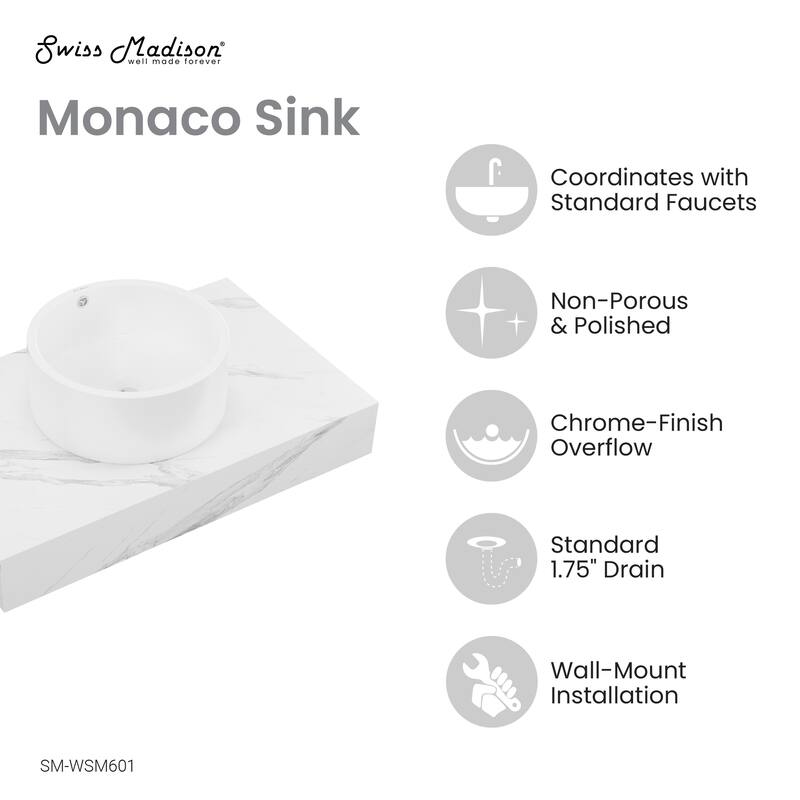 Monaco 36" Floating Bathroom Shelf With Vessel Sink In White Marble - 23.75" x 21.81" x 9.49"