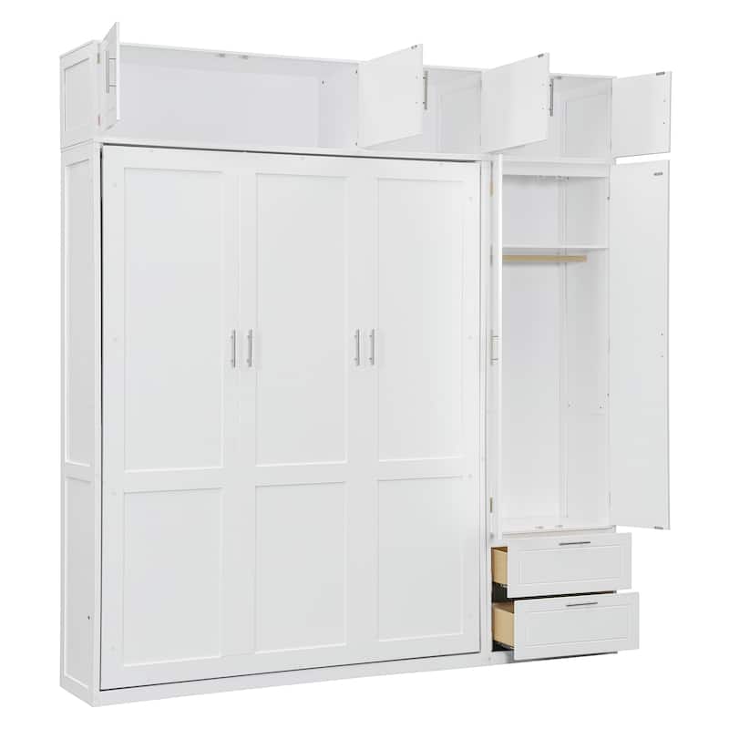 Queen Size Murphy Bed with Storage - Space-Saving Wall Bed with 3 Cabinets, Wardrobe and 2 Drawers