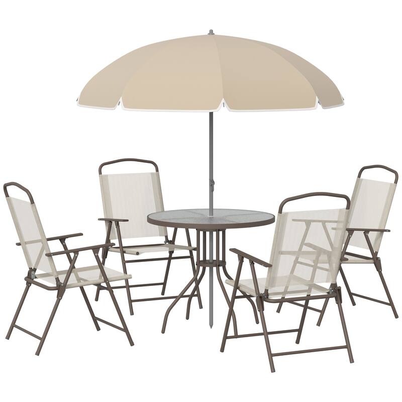 6 Piece Patio Dining Set, Dining Table with Umbrella, Garden Outdoor Table Chairs with Glass Table and 4 Folding Chairs - Beige