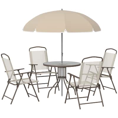 6 Piece Patio Dining Set, Dining Table with Umbrella, Garden Outdoor Table Chairs with Glass Table and 4 Folding Chairs