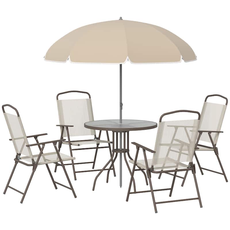 6 Piece Patio Dining Set for 4 with Umbrella, Outdoor Table and Chairs with 4 Folding Dining Chairs & Round Glass Table - Beige