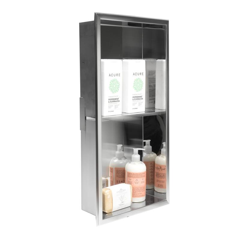ALFI brand 12 x 24 Polished Stainless Steel Vertical Double Shelf Bath Shower Niche - Grey