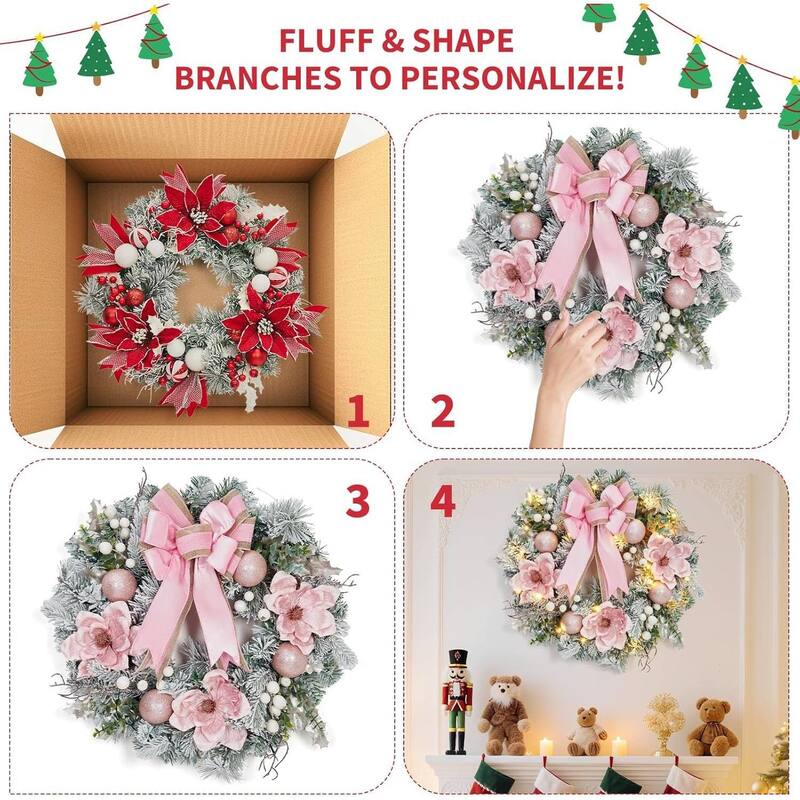 24 Inch Pink Christmas Wreath with Lights for Front Door - N/A