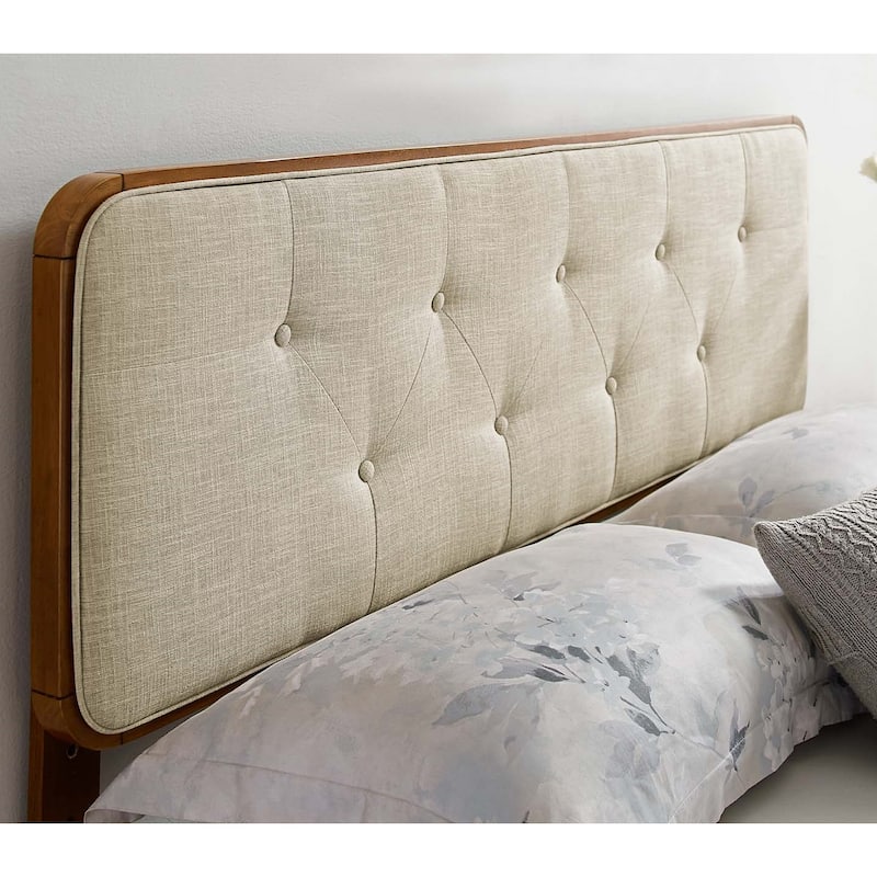 Glendale Traditional Beige Fabric Button Tufted Queen Size Walnut Wooden Headboard