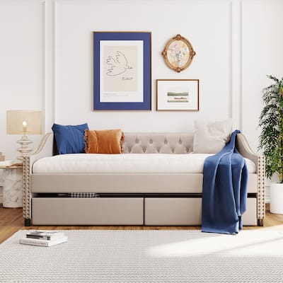 Elegant Full Size Daybed with Storage Drawers, Upholstered Fabric and Sturdy Frame