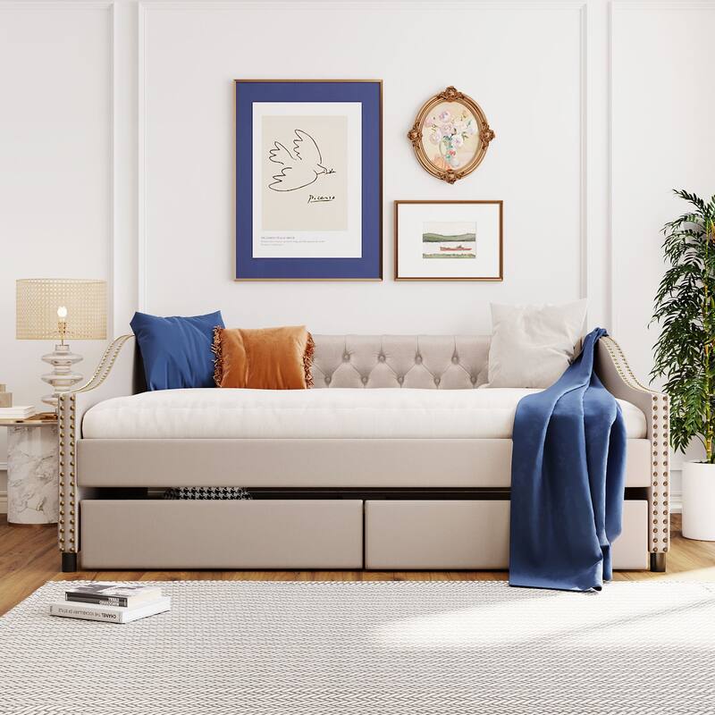 Full Linen Daybed with Drawers & Button Tufted Back - Beige