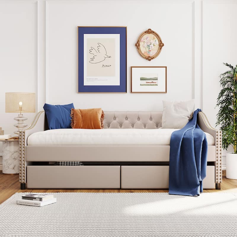 Upholstered daybed with Two Drawers - Beige