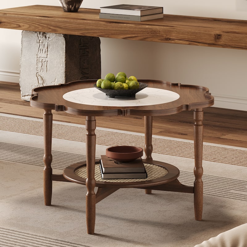 Mid-Century Style Coffee Table with Petal Shape and White Crackle Pattern Glass, 2-Tiered Coffee Table with Rattan,Walnut, 31.5"