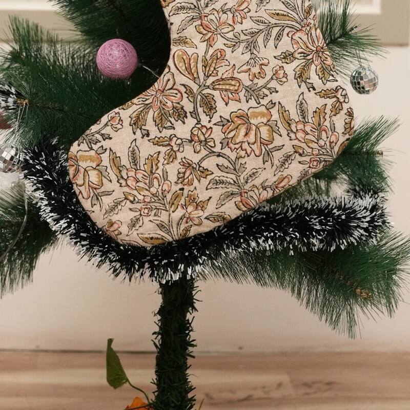 Fabdivine Linen or Cotton Hand Block Home Decorative Christmas Stockings - 16"X6.5" - Kudrat- Green, Brown - Christmas Stockings