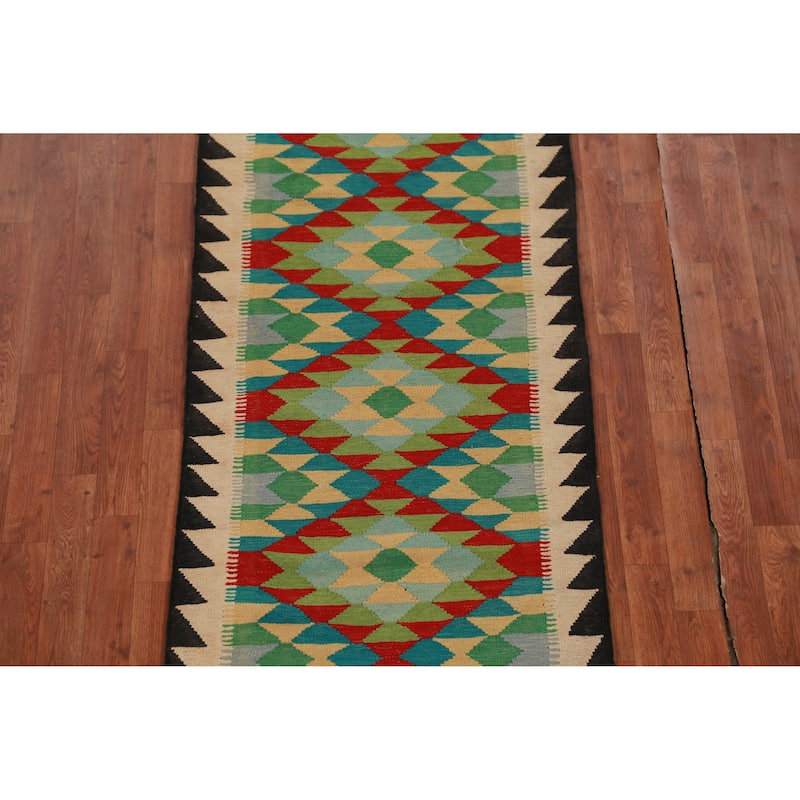 Hand Woven Oriental 100% Wool Carpet Southwestern Geometric Multi-Colored Kilim Runner Rug - 13' 0'' X 2' 8''