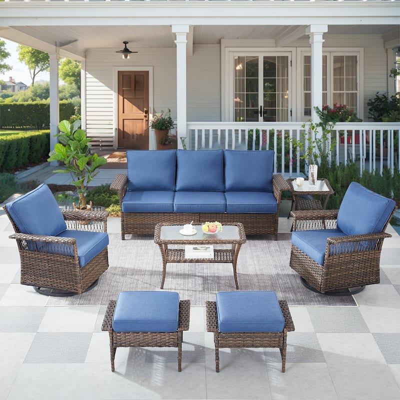 High Back Swivel Chairs with Sofa Ottoman Set - Brown - Blue - Brown