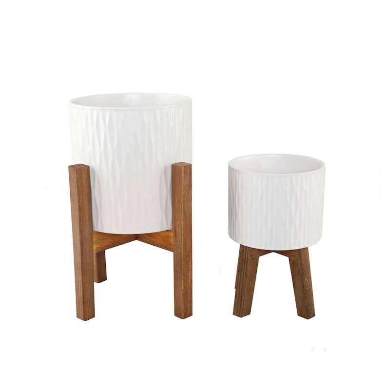 Mid-Century Set of 2 10' & 8" Ridge Ceramic Planter on Wood Stand,Matte White