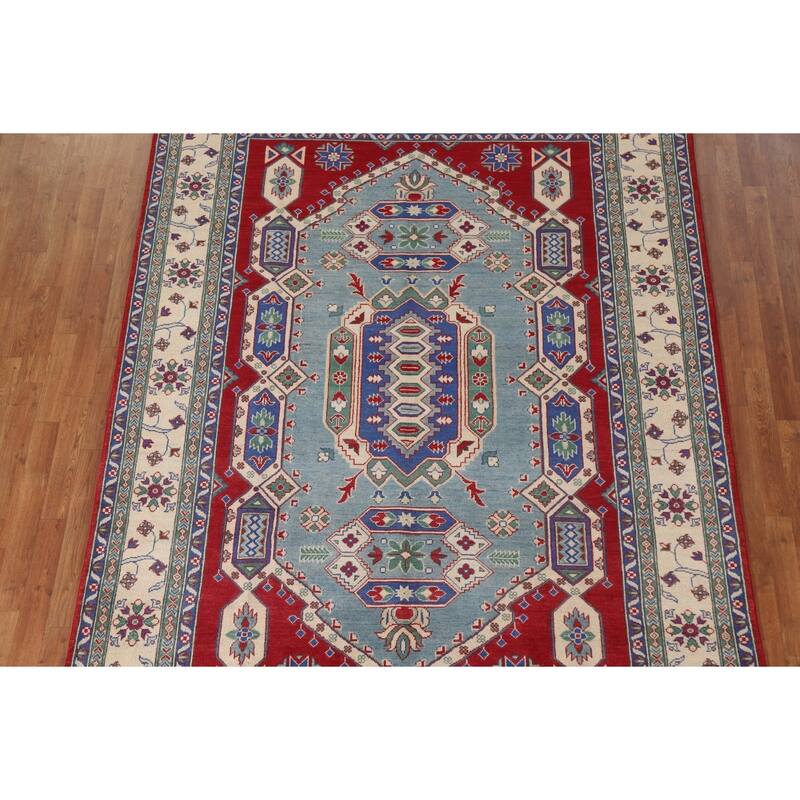 Hand Knotted Oriental 100% Wool Carpet Traditional Geometric Navy Blue & Blues Kazak Area Rug - 9' 7'' X 6' 10''