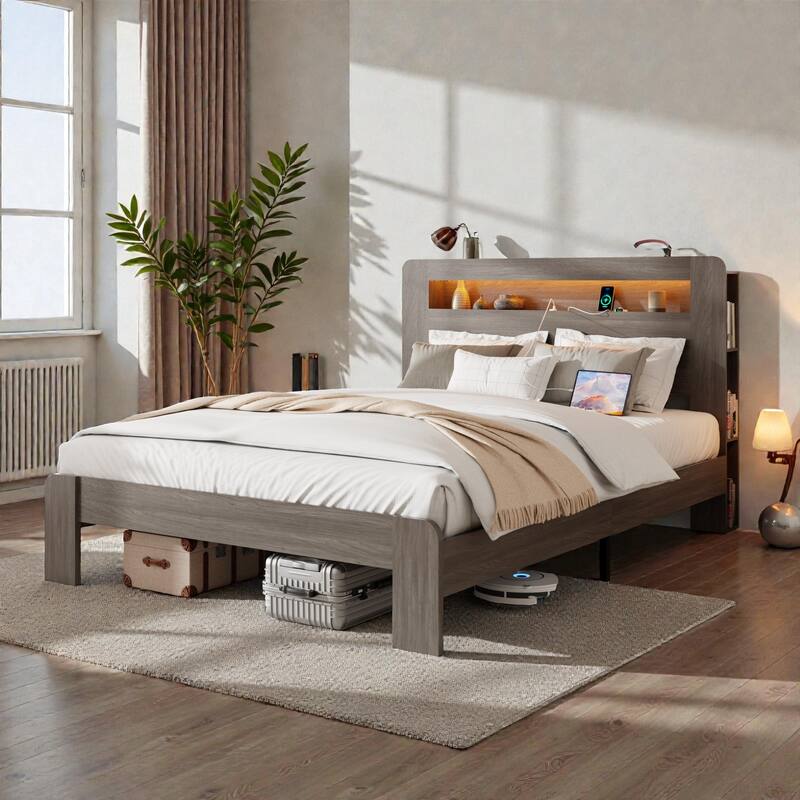 Queen Size Wood Platform Bed Frame with Storage Headboard, LED Light, 2 USB Ports, No Box Spring Needed - Dawn Grey - Queen