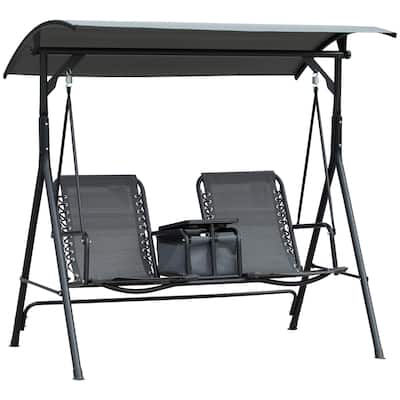2-Seat Patio Swing Chair, Outdoor Canopy Swing Glider with Storage Table, Cup Holder, Adjustable Shade for Garden, Backyard