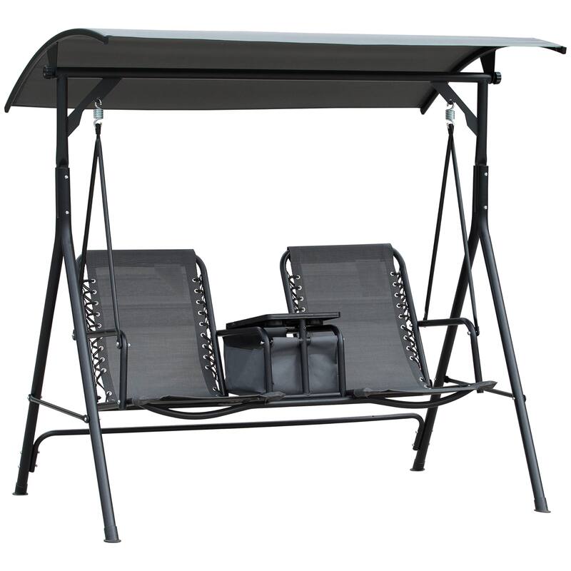 Patio Swing Hanging Chairs with Adjustable Sunshade, Storage Bag, Tabletop Cup Holder, 2-Seat Swing Lounge Rocking Chair