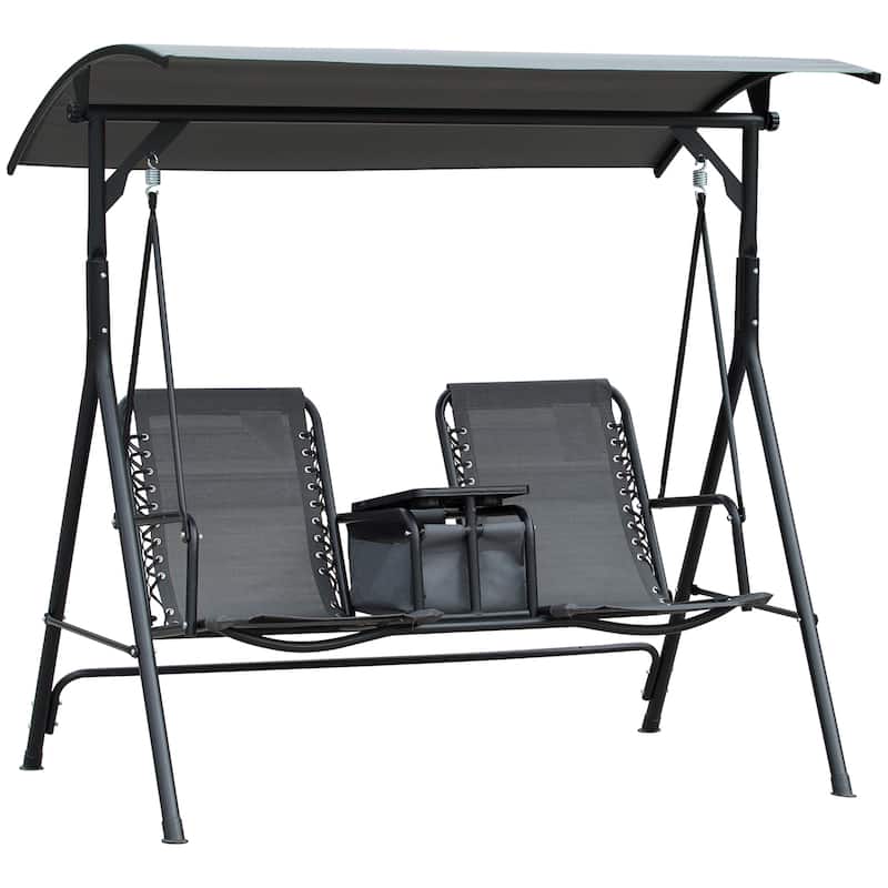 Steel 2-Seat Patio Swing with Canopy, Cup Holders and Storage Table (528lb Capacity)