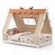 preview thumbnail 1 of 18, Gymax Twin Size House Floor Bed w/ TentWood Bed Frame w/ Roof Window & Twin Size White & Orange
