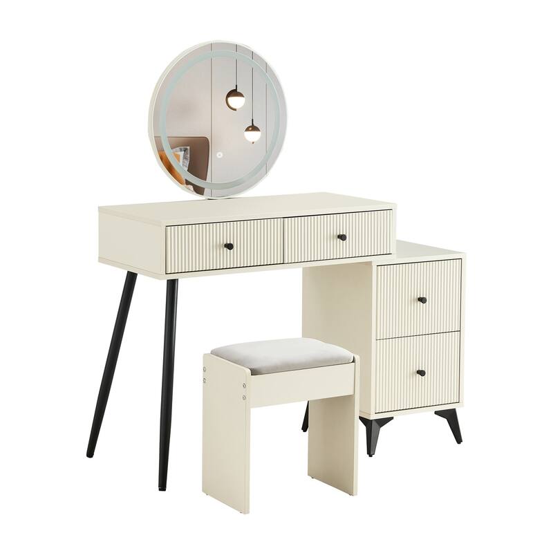 Makeup Vanity with Round LED Mirror, Drawers and Adjustable Shelves