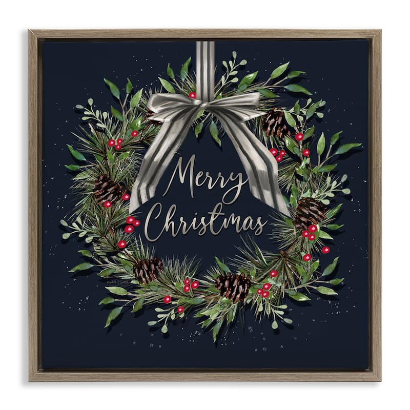 Stupell Hanging Christmas Wreath with Bow Framed Floater Canvas Wall Art Design By Elizabeth Tyndall - 18 x 18 - Brown