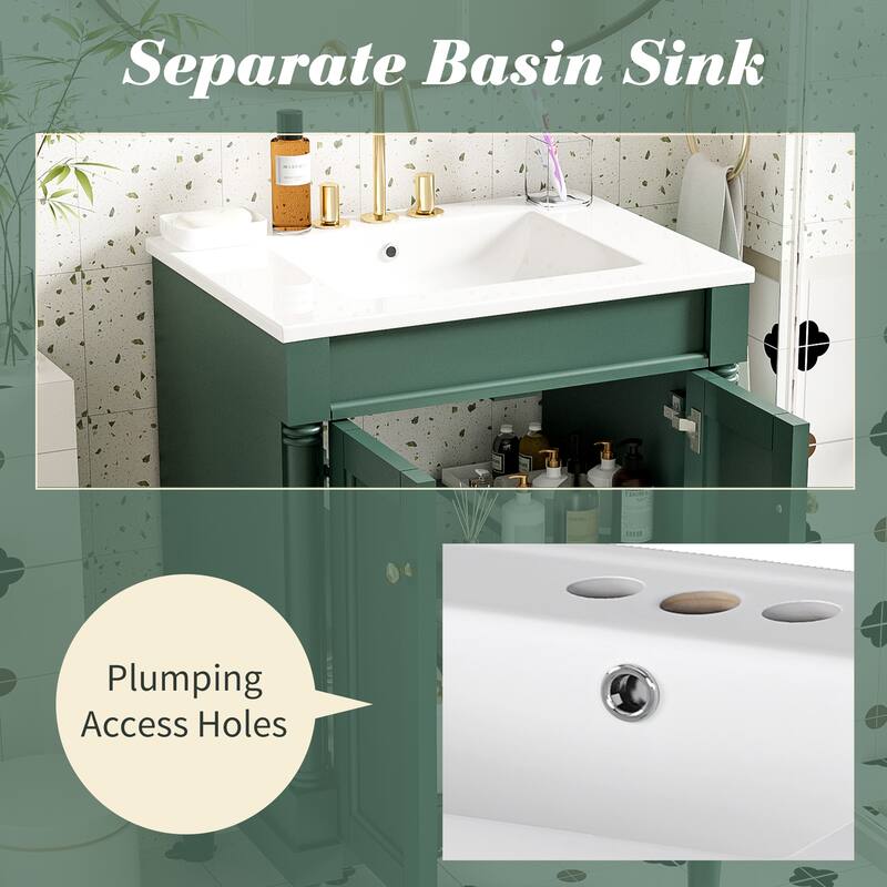 24 Inch Bathroom Vanity with Ceramic Top Sink, Freestanding Single Sink Vanity with Storage Shelves, Modern Style