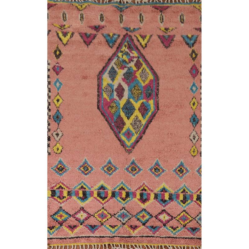 Pink Moroccan Oriental Area Rug Handmade Wool Carpet - 5'1" x 9'7"