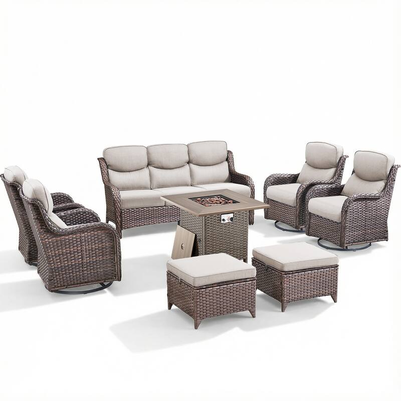 Pocassy Outdoor Propane Fire Pit Table with Sofa Swivel Chair Funiture Set.