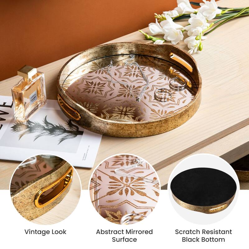 Glitzhome Set of 2 Modern Gold Floral Pattern Mirrored Decorative Trays with Handles