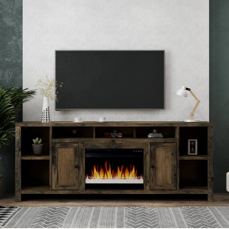 Bridgevine Home Joshua Creek 84 inch Electric Fireplace TV Stand for TVs up to 95 inches, Barnwood Finish - Barnwood