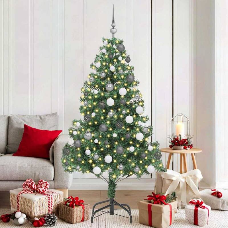 vidaXL Artificial Christmas Tree - 70.9" x 15.7 - Green with LEDs and white/grey balls - 6 Foot
