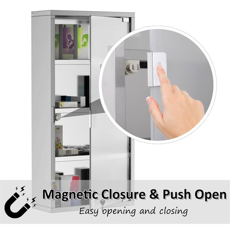 4 Tier Locking Wall Mounted Medicine Cabinet w/ Stainless Steel Frame