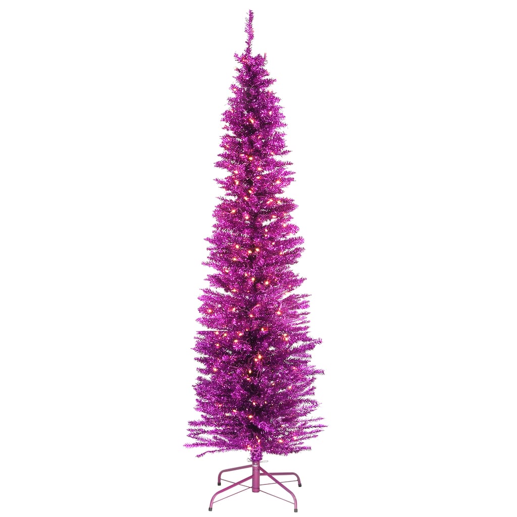 National Tree Company 7 ft. Pink Tinsel Tree with Clear Lights - 7 Foot
