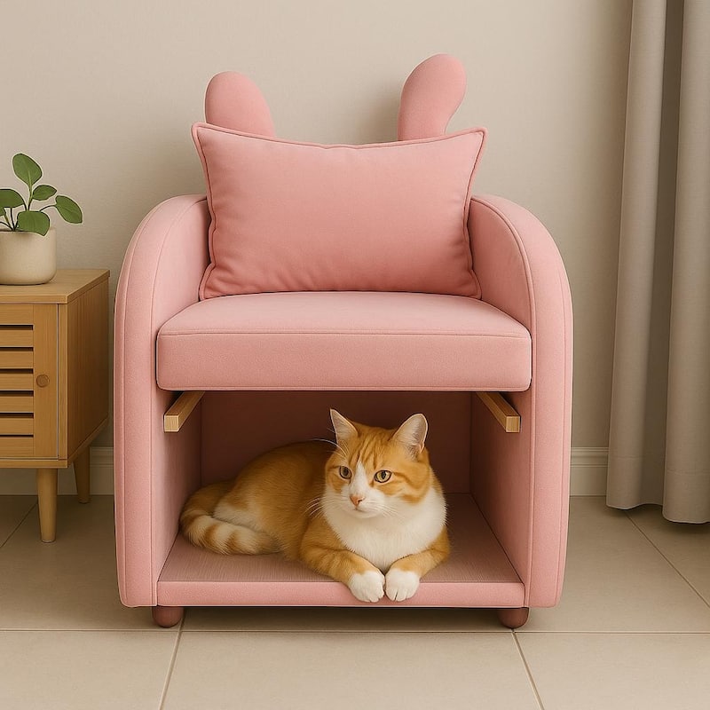 Velvet Bunny-Ear Pet-Friendly Armchair with Built-in Cat & Dog Hideaway, Plush Dual-Use Sofa Chair