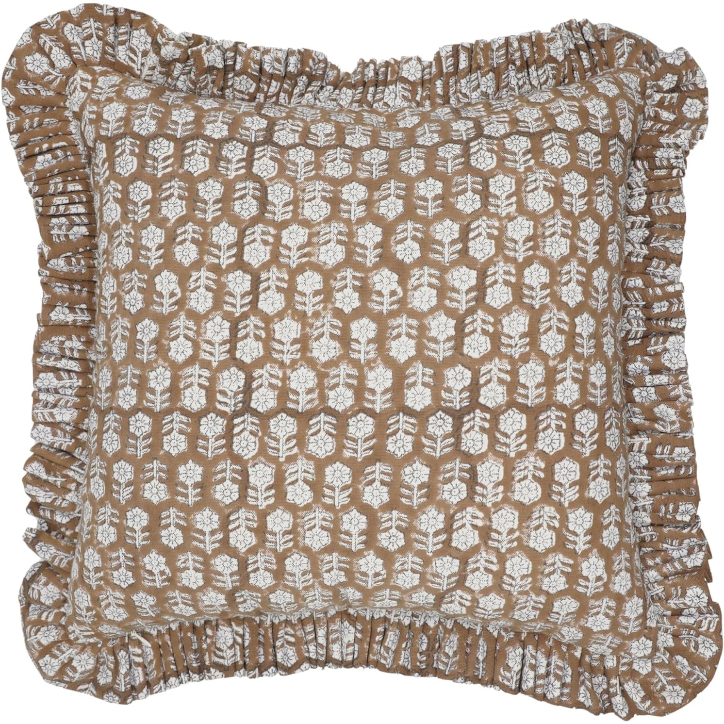 Fabdivine Minimalist Cotton Frill Block Print Handmade Throw Cushion Cover, Tulsi Buti