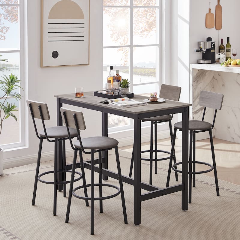Bar Table Set with 4 Bar stools PU Soft seat with backrest, Grey, 47.24'' L x 23.62'' W x 35.43'' H - Grey