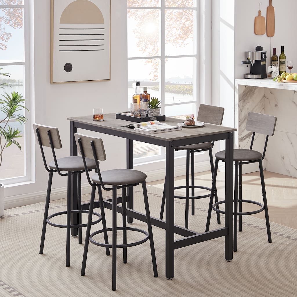 Grey Industrial 5-Piece Metal Frame Bar Dining Set with 4 Stools