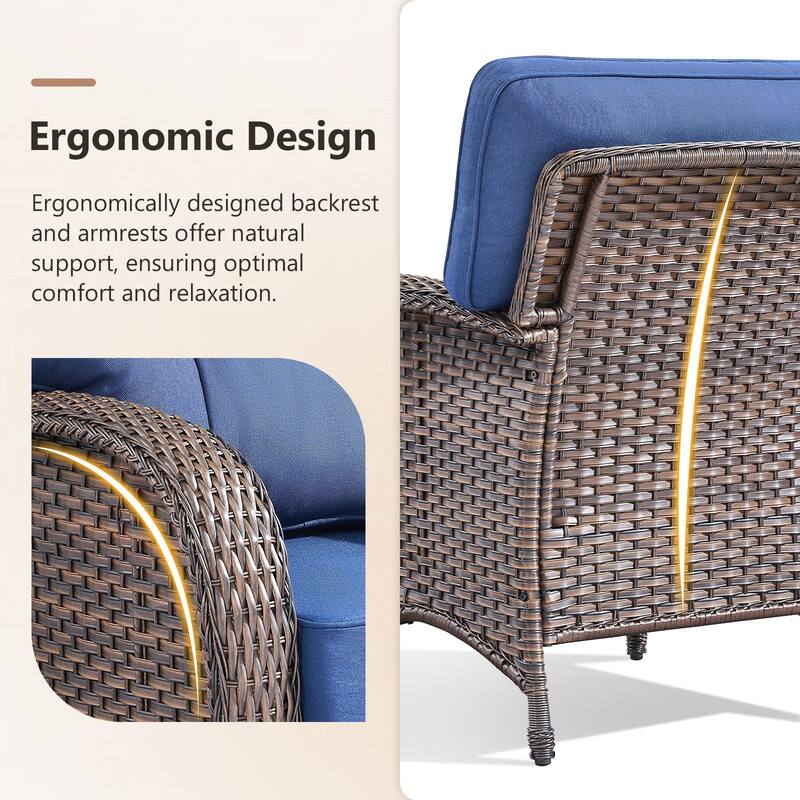 TWrap Brown Wicker Patio 3-Piece Sofa Set with 5-Inch Thick Cushions and 2 Ottomans