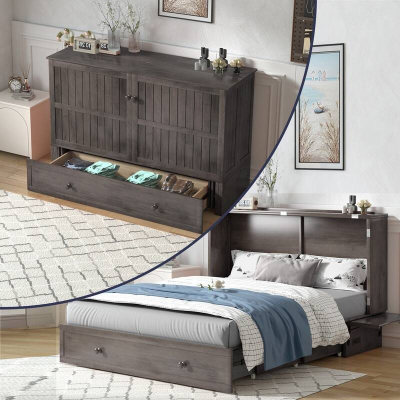 Mixoy Modern Murphy Bed Cabinet Chest with Mattress & Storage Platform - Grey - Queen