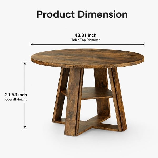 dimension image slide 0 of 6, Farmhouse 43" Round Dining Table with Sturdy Wooden Pedestal, Built-in Storage Shelf