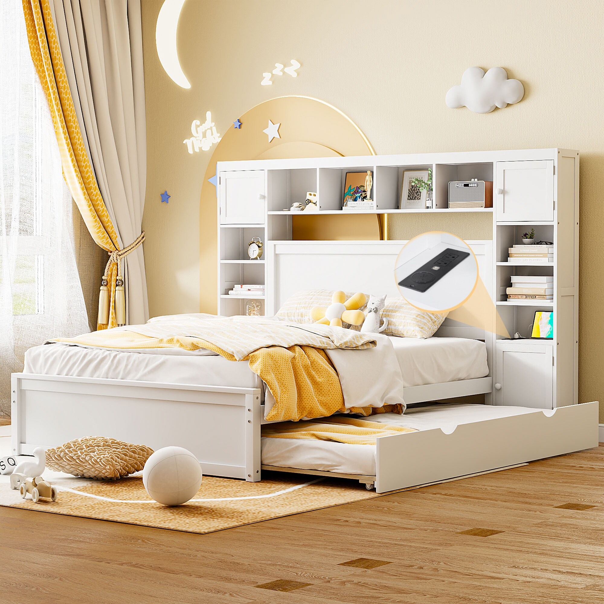 Queen Versatile Platform Bed with 2 Drawers Trundle Bookcase Headboard Wood Storage Bedframe w All in One Cabinet Shelf White Bed Bath Beyond 40177771
