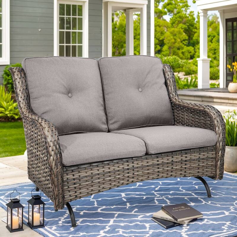 Outdoor Glider Sofa Funitre Set - Grey Rattan - Grey Cushion - Only Loveseat Sofa