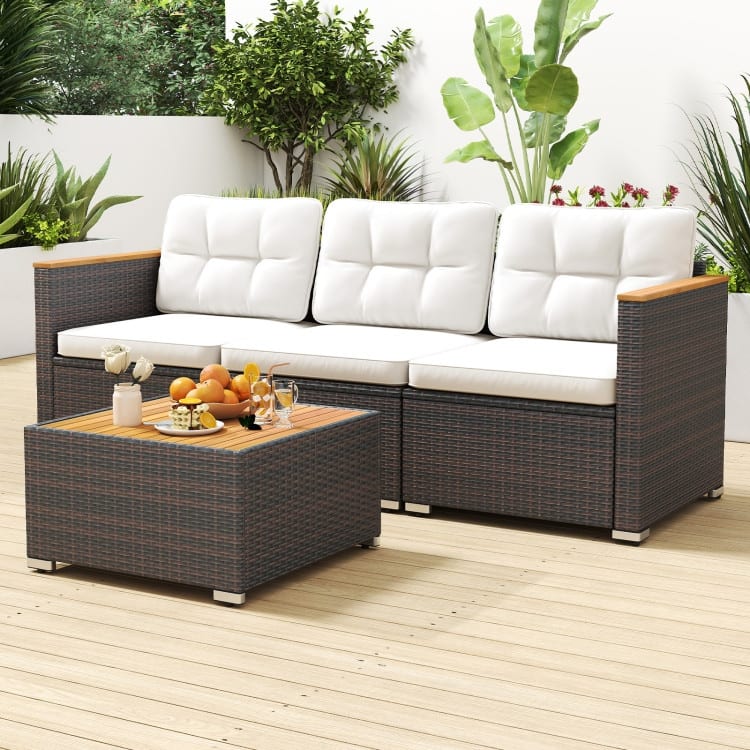 Mix Brown Rattan Metal 3-Seat Patio Sofa with Wood Arms and Cushions - 26" x 76" x 25.5"