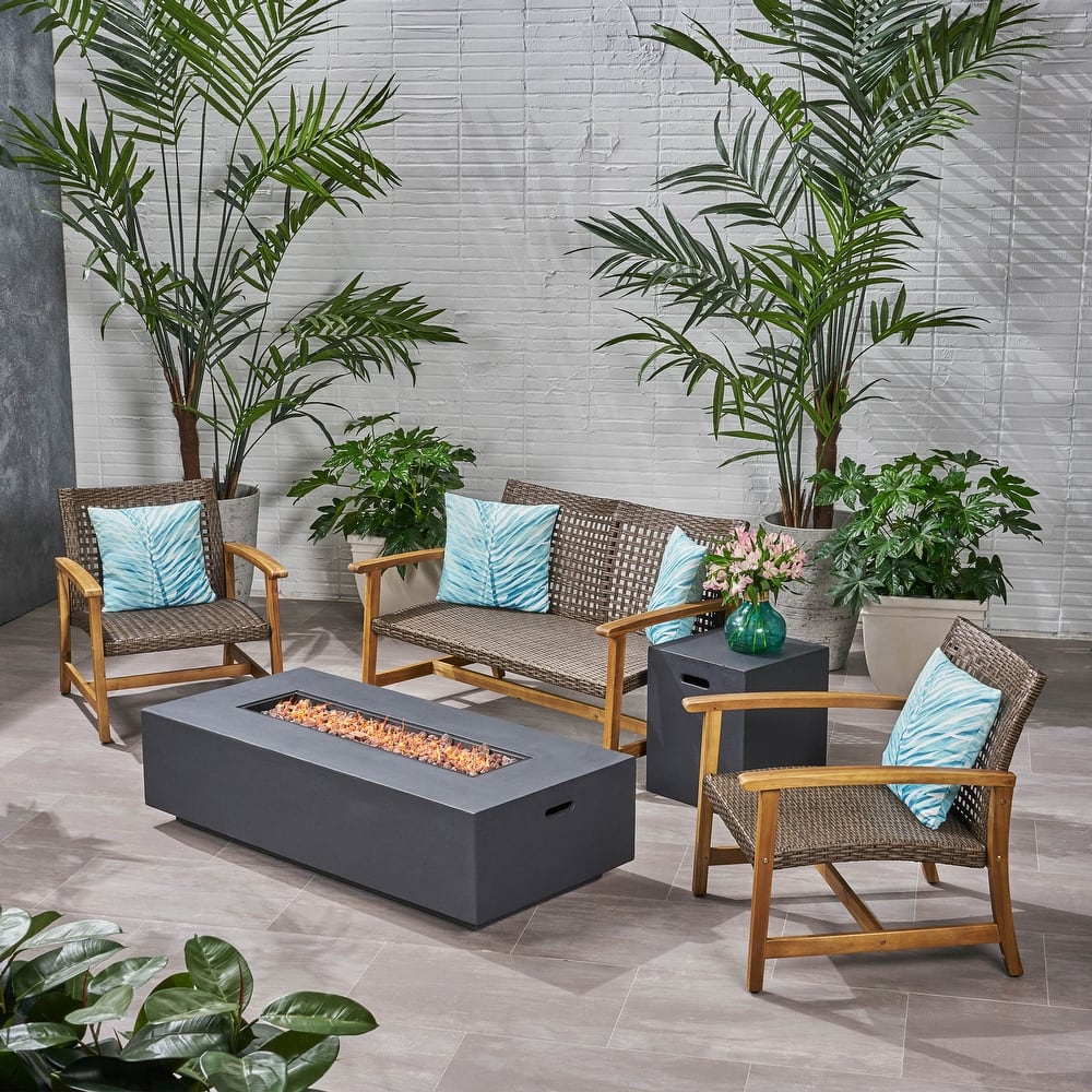 Augusta Outdoor Acacia Wood and Wicker 4 Seater Chat Set with Fire Pit by Christopher Knight Home