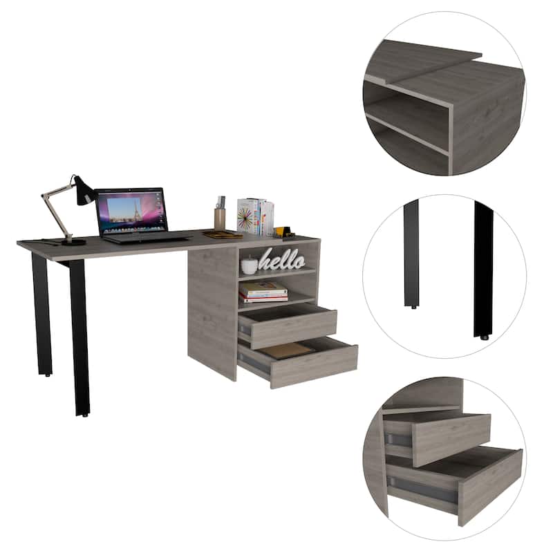 FM Furniture Pragma 120 Writing Desk with 2 Drawers, 2 Open Shelves, and Steel Legs